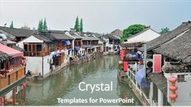  Presentation with shanghai - Theme featuring village by river in shanghai background and a gray colored foreground