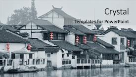  Presentation with river forest village - Amazing slide set having village by river in shanghai backdrop and a light gray colored foreground