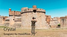 Presentation with fort - Cool new slide deck with village network - young caucasian man seen backdrop and a coral colored foreground