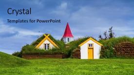  Presentation with vikings - Beautiful presentation theme featuring village of ancestors in iceland backdrop and a teal colored foreground