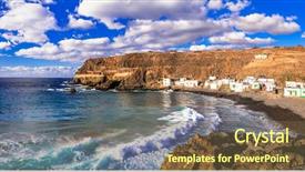  Presentation with fishing - PPT theme with beach and traditional fishing village background and a tawny brown colored foreground