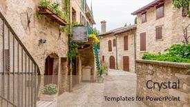  Presentation with street light view - PPT theme enhanced with village road - picturesque small town street view background and a coral colored foreground