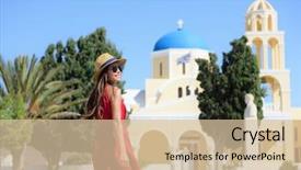  Presentation with greece blue - PPT theme having village visiting blue dome church background and a soft green colored foreground