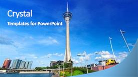  Presentation with macau - Beautiful PPT theme featuring vilyl - urban landscape of macau backdrop and a cobalt blue colored foreground