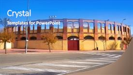  Presentation with spain - Amazing PPT theme having vinaroz bullring plaza de toros backdrop and a cobalt blue colored foreground