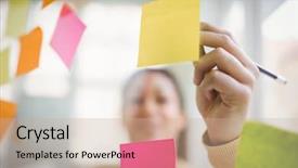  Presentation with creative writing - PPT layouts having vinay darbelnet - businesswoman writing on adhesive notes background and a coral colored foreground