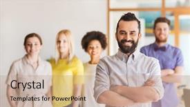  Presentation with creative - PPT layouts having vinay darbelnet - happy young man over creative background and a coral colored foreground