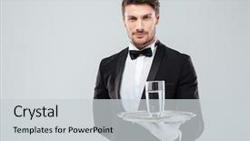  Presentation with water glass - Beautiful theme featuring vinay darbelnet - portrait of waiter in tuxedo backdrop and a light gray colored foreground