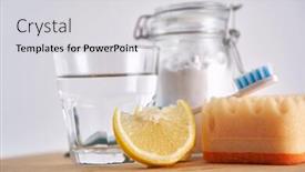  Presentation with tooth brush - Presentation theme having vinegar lemons and baking soda with tooth brush on white background house cleaning background and a light gray colored foreground