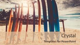  Presentation with vacation - Audience pleasing presentation design consisting of vintage - surfboards many different surf boards backdrop and a lemonade colored foreground