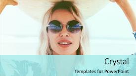  Presentation with active lifestyle - Theme having vintage - surfer girl in sport swimwear background and a arctic colored foreground