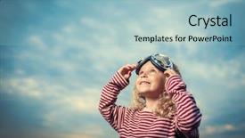  Presentation with sunset - PPT theme featuring vintage aviation - little smiling girl at sunset background and a  colored foreground