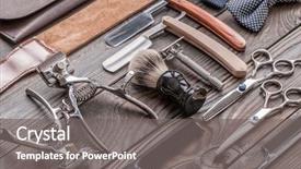  Presentation with barber - Cool new slide deck with vintage barber shop tools backdrop and a gray colored foreground