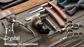  Presentation with barber shop - Slide deck with vintage barber shop tools background and a tawny brown colored foreground