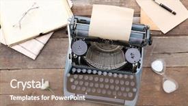  Presentation with pen - PPT theme with vintage black typewriter with papers background and a coral colored foreground