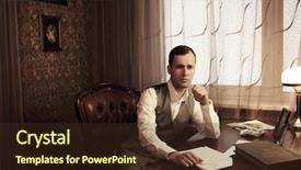  Presentation with interior decorating home - Audience pleasing PPT theme consisting of vintage book lamp - pensive businessman in home interior backdrop and a tawny brown colored foreground