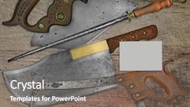  Presentation with butcher shop - Presentation with vintage butcher shop tools over stained wooden table space on business card for your text background and a gray colored foreground