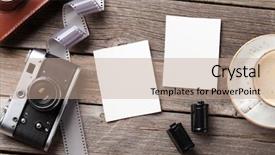  Presentation with cup coffee - Presentation featuring vintage camera blank photo frames background and a coral colored foreground