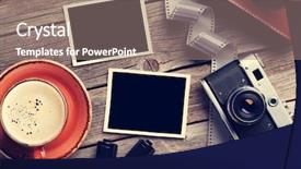  Presentation with blank album frames - Audience pleasing theme consisting of vintage camera blank photo frames backdrop and a gray colored foreground