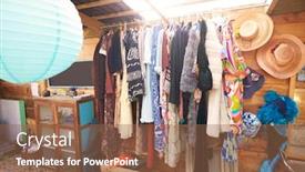  Presentation with glamping - Presentation theme consisting of vintage clothing in communal room on glamping camp site background and a violet colored foreground