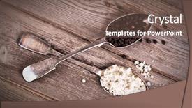  Presentation with crystals - PPT theme having vintage effect image of tarnished silver spoons filled with salt crystals and black peppercorns over rough wood background background and a violet colored foreground
