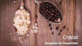  Presentation with crystals - PPT theme enhanced with vintage effect image of tarnished silver spoons filled with salt crystals and black peppercorns over rough wood background space for your text background and a coral colored foreground