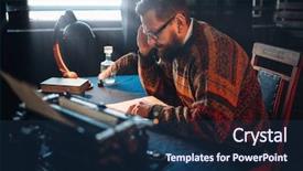  Presentation with journalist - Presentation design with vintage feather lamp - bearded journalist in glasses reading background and a navy blue colored foreground