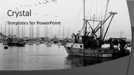  Presentation with long tailed boat fishing boat - Colorful presentation theme enhanced with vintage fishing boat in harbor backdrop and a white colored foreground