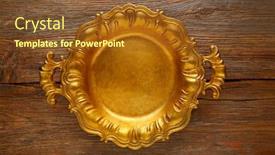 Presentation with aged wood - Colorful presentation design enhanced with vintage golden tray round on an aged brown wood background backdrop and a tawny brown colored foreground