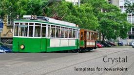  Presentation with tram - PPT layouts having vintage-green-tram-from-early background and a light gray colored foreground