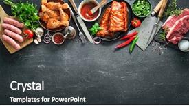  Presentation with sausages - PPT theme consisting of vintage kitchen and butcher utensils background and a dark gray colored foreground