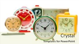  Presentation with vintage clocks - Cool new presentation theme with vintage mechanical wind-up alarm backdrop and a soft green colored foreground
