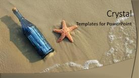  Presentation with starfish - Presentation having vintage message in a bottle and starfish on a sandy shore background and a coral colored foreground