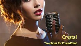  Presentation with close up of young girls - Beautiful PPT theme featuring vintage microphone stage - young pretty woman singing close backdrop and a tawny brown colored foreground