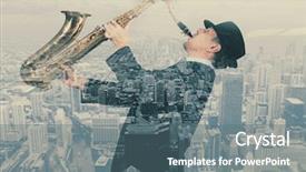  Presentation with vintage music - Slide deck featuring vintage music - saxophonist man playing on saxophone background and a ocean colored foreground