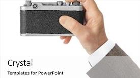  Presentation with vintage - Presentation design enhanced with vintage photo camera in hand background and a white colored foreground