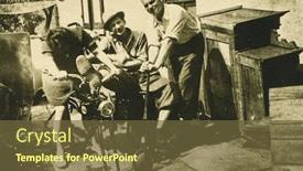  Presentation with motorbike - Beautiful theme featuring vintage photo of men and woman repairing a motorbike forties backdrop and a tawny brown colored foreground