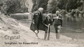  Presentation with fifties - Audience pleasing slides consisting of vintage photo of parents with daughter walking at riverside fifties backdrop and a soft green colored foreground