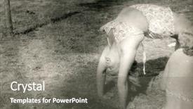  Presentation with fifties - Colorful PPT theme enhanced with vintage photo of woman exercising on beach fifties backdrop and a gray colored foreground