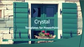  Presentation with windows - Cool new presentation theme with vintage photo of wooden green windows decorated with red flowers backdrop and a ocean colored foreground