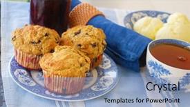  Presentation with black tea - Slides consisting of vintage plate of whole grain wheat oat almond blueberry muffins with blueberry jam fresh butter and cup of hot black tea background and a light blue colored foreground