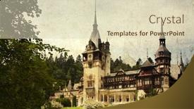  Presentation with postcard - Colorful theme enhanced with vintage postcard of peles castle sinaia the former kingdom residence in romania backdrop and a soft green colored foreground