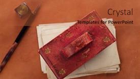  Presentation with ink - Colorful presentation design enhanced with vintage red leather ink blotter with retro post cards on leather table shallow dof backdrop and a red colored foreground