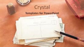  Presentation with ink - Beautiful slides featuring vintage red leather ink blotter with retro post cards on leather table shallow dof backdrop and a coral colored foreground