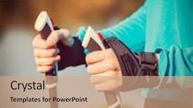  Presentation with walking exercise - Presentation theme with vintage retro effect filtered hipster style image of nordic walking exercise adventure hiking concept - closeup of woman's hand holding nordic walking poles background and a coral colored foreground