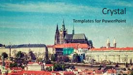  Presentation with overlaid - Presentation design consisting of vintage retro hipster style travel image of hradchany the saint vitus st vitt's cathedral and prague castle prague czech republic with grunge texture overlaid background and a teal colored foreground