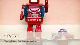  Presentation with robot toy - Amazing PPT theme having vintage robot toy and ufo backdrop and a lemonade colored foreground