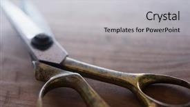  Presentation with dark vintage wood table texture - Beautiful PPT theme featuring vintage scissors on a wooden backdrop and a light gray colored foreground