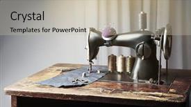  Presentation with threads fabric - PPT theme enhanced with vintage sewing machine with fabric background and a soft green colored foreground