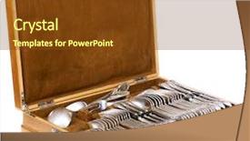  Presentation with case - Presentation featuring vintage spoons forks and knifes in a wooden case isolated background and a tawny brown colored foreground